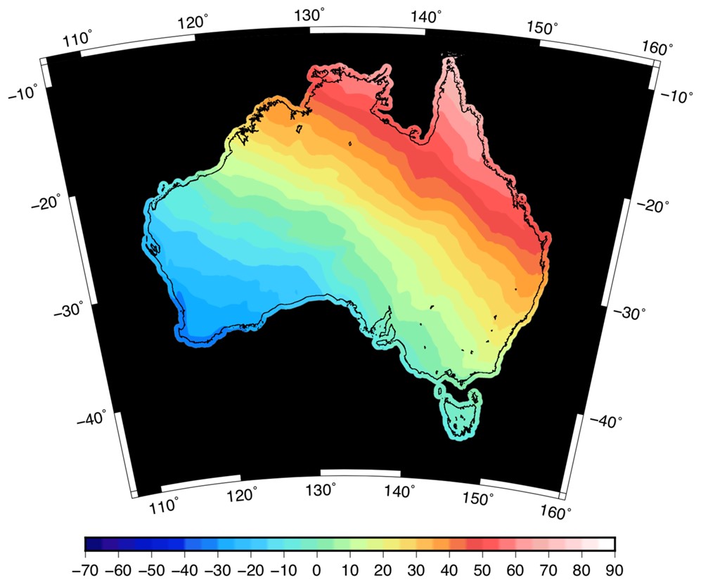 Map of Australia with colour scale of -30 m in southwest to +80m in northeast